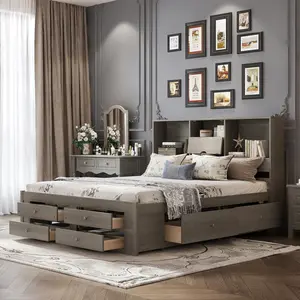 Bellemave  Size Platform Bed with Storage Headboard & 8 Drawers Solid Pine Wood MDF Construction Gray Color Easy Assembly No Box Spring Required