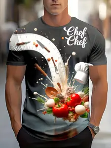 Men's Heavyweight Chef 3D Full-Print Cooking Workwear Shirt, Professional Chef Jacket, Casual Slim-Fit Long Sleeve