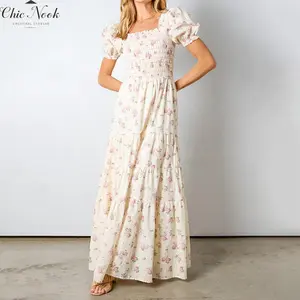 Women's Flower Print Long Dress Short Puff Sleeves Square Neck Shirred Flowy Dress for Summer