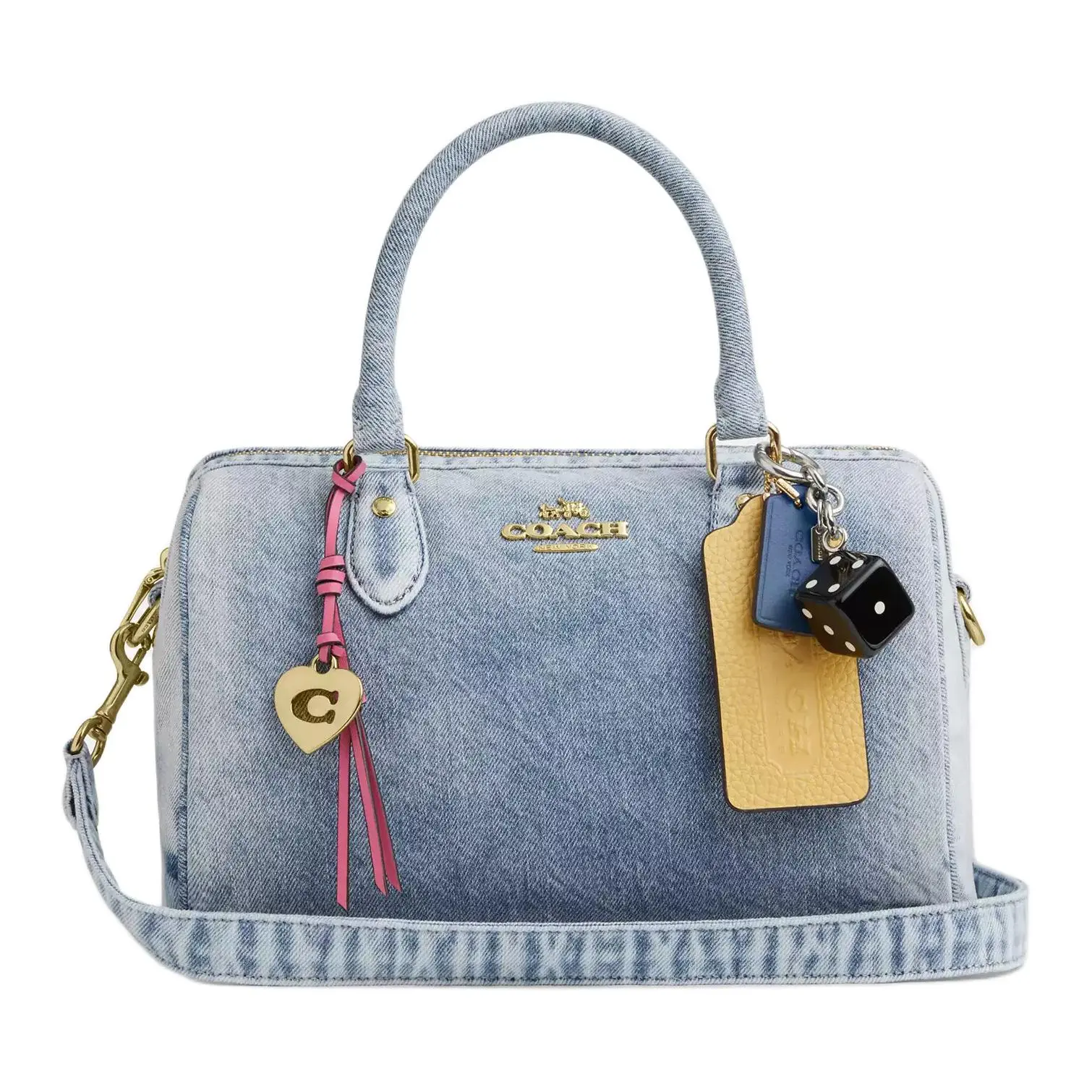 Women's COACH Rowan 25 Crossbody Handbag - Light Indigo Denim Style with Logo Charm, Casual Trendy, Crossbody Weekend Bag, Daily Use Purse, Shoulder Purse