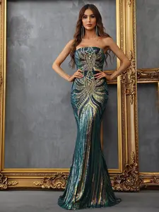 Women's Glitter Sequins Mermaid Evening Dress, Elegant Paisley Print Tube Maxi Dress for Evening Party, Ladies' Clothes for All Seasons