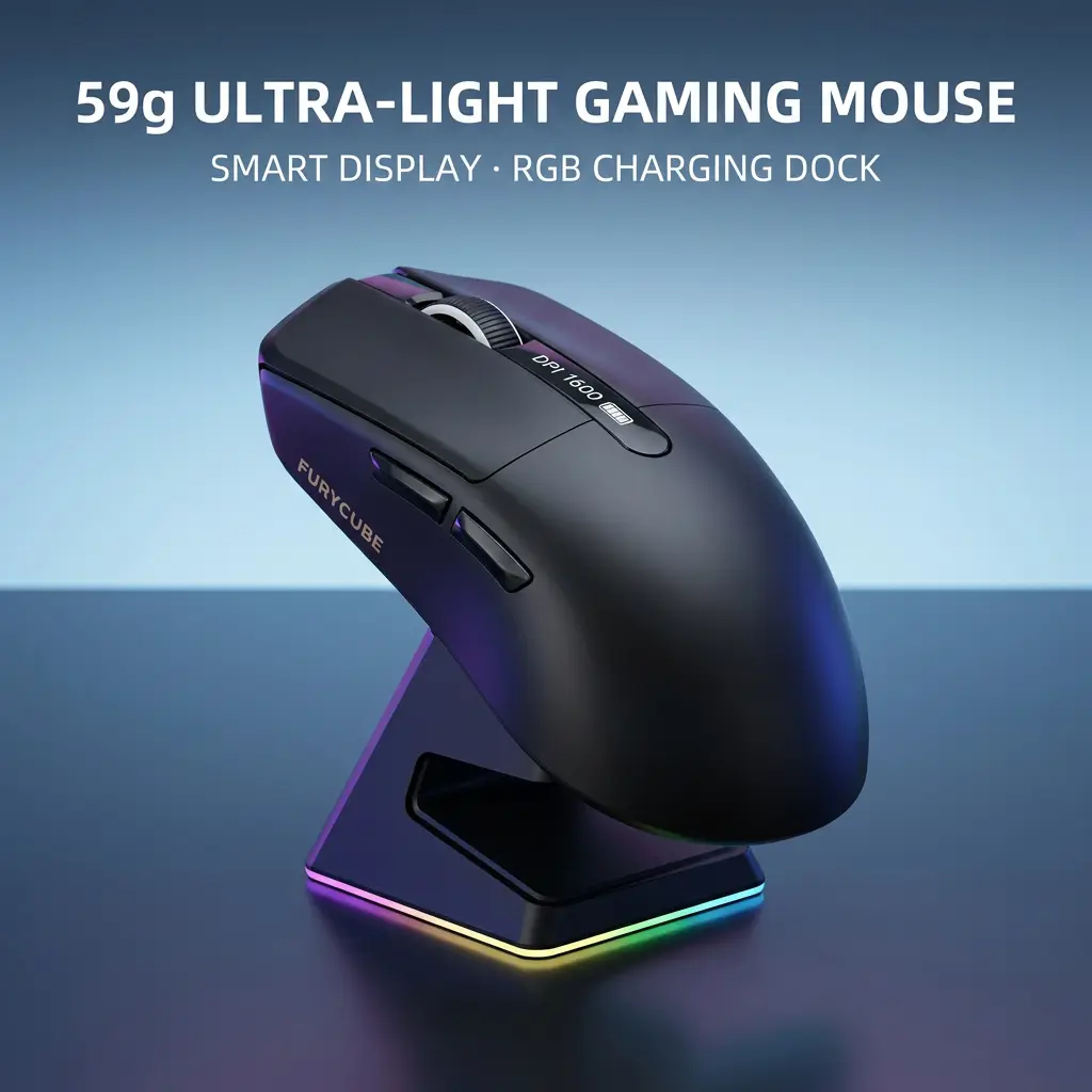 FURYCUBE G9 Black Wireless Gaming Mouse with Smart Display & RGB Magnetic Charging Dock, 59g Ultra Lightweight Tri-Mode Bluetooth/2.4G/USB-C, PAW3311 Sensor, Rechargeable FPS Mouse for PC, Gaming Setup