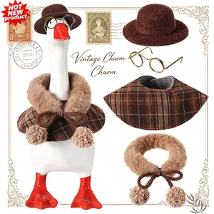 4 Pcs Desktop Goose Outfits Fluffy 7 Inch Desk Goose Clothing Winter Detective Outfit Set Detective Hat Plaid Cape Collar Glasses Small Table Duck Accessories for Magnetic Statue Desk Decor Christmas