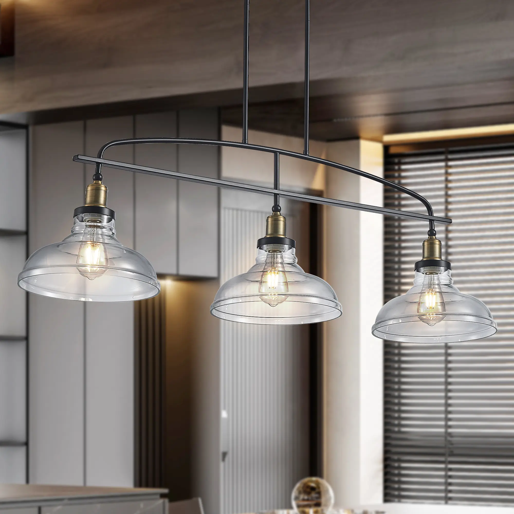 3-Light Industrial Pendant Chandelier with Clear Glass Shades, Black Iron Frame, Adjustable Height, Modern Farmhouse Lighting for Kitchen Island, Dining Room, Living Room, E26 Base, Bulb Not Included