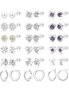 18 Pairs of Cubic Zirconia Earrings for Girls and Girls Pearl Ball Zircon Flower Heart Butterfly Earrings Set 925 Sterling Silver Post.