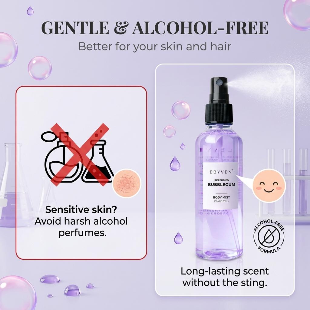 EBYVEN Bubblegum Hair & Body Fragrance Mist - Unisex Bubble Gum Perfume, Fruit-Candy-Rose-Musk Scent, Aromatic Fruity Liquid, Alcohol-Free Beauty Product, Contains Neither Alcohol, Up to 2.9 fl. oz. (100ml/3.3oz or 85ml), Single Item for Adults