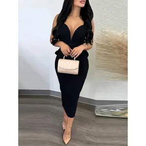 Women's Sexy Backless Bodycon Suspender Dress - V-Neck Ruffle Hem Mid-Length Summer Dress, Solid Color Machine Washable for Vacations, Evening Wear & Special Occasions, Vacation Outfit, Sensual Fashion, Smooth Fabric, Elegant Design