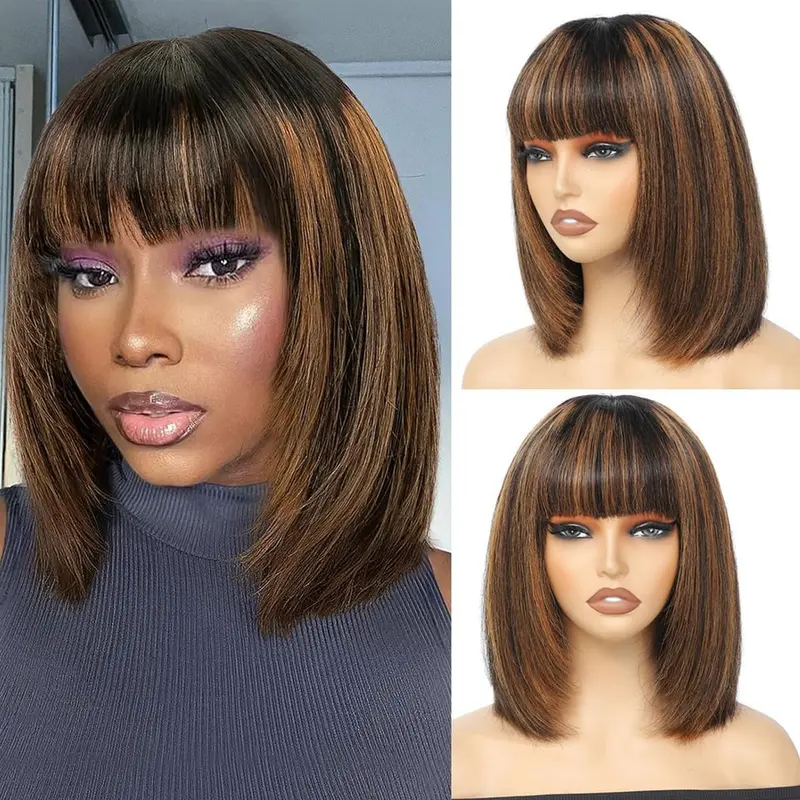 Short Bob Wig with Bangs Human Hair 1B/30 Highlight Bob Wig Human Hair Short Human Hair Wigs for Black Women Real Hair Wigs for Black Women 2.5X1 inch Bob Wig Human Hair Glueless 10Inch Short Bob Wig