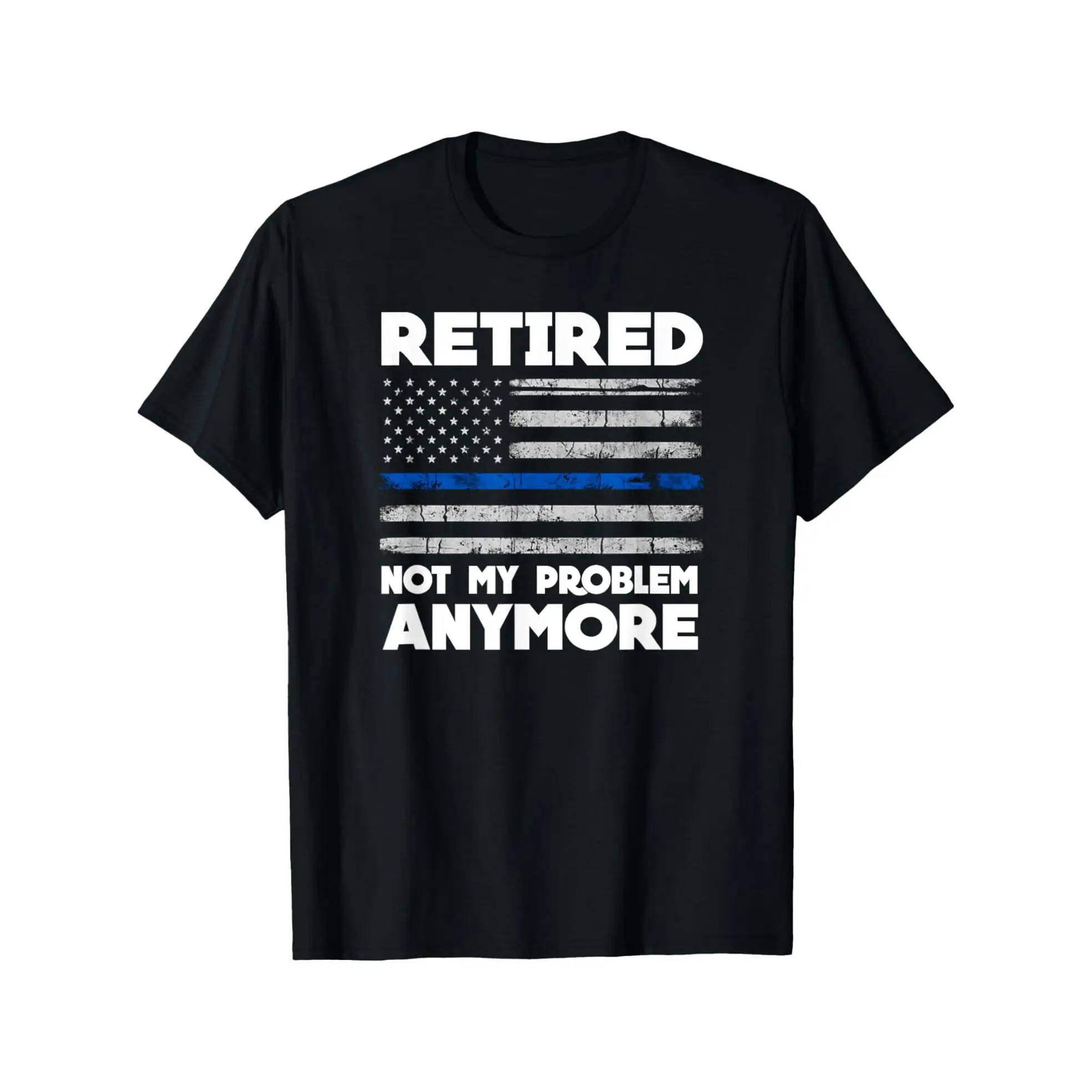 Retired & Relaxed: Men's Comfortable Cotton T-Shirt with Police Thin Blue Line Flag Design - Casual Short Sleeve, All-Season Wear, Black,Made in USA