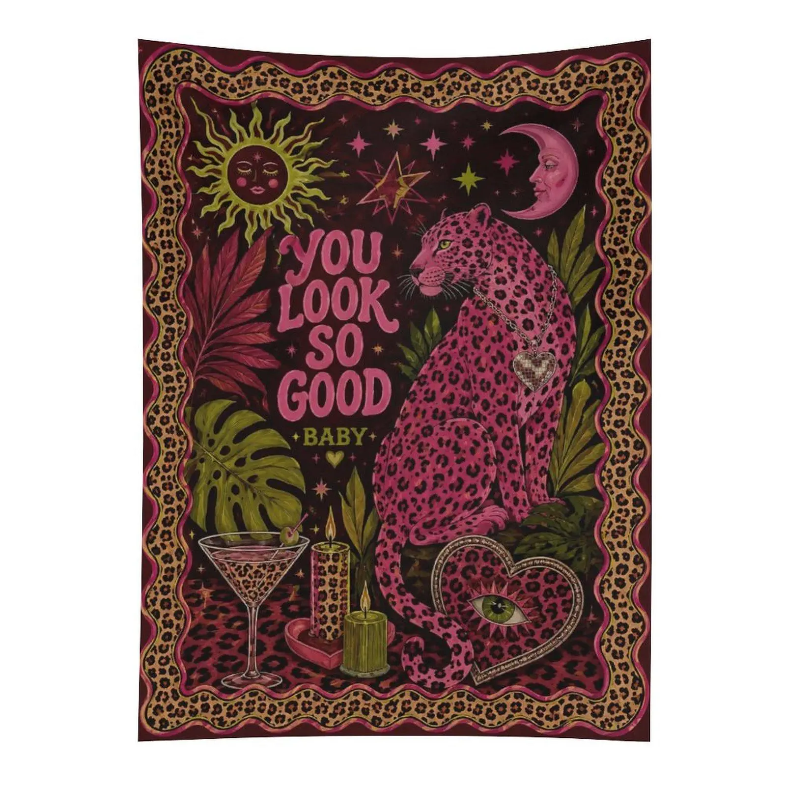 You Look So Good Baby Tapestry Pink Leopard Celestial Retro Wall Hanging Decor