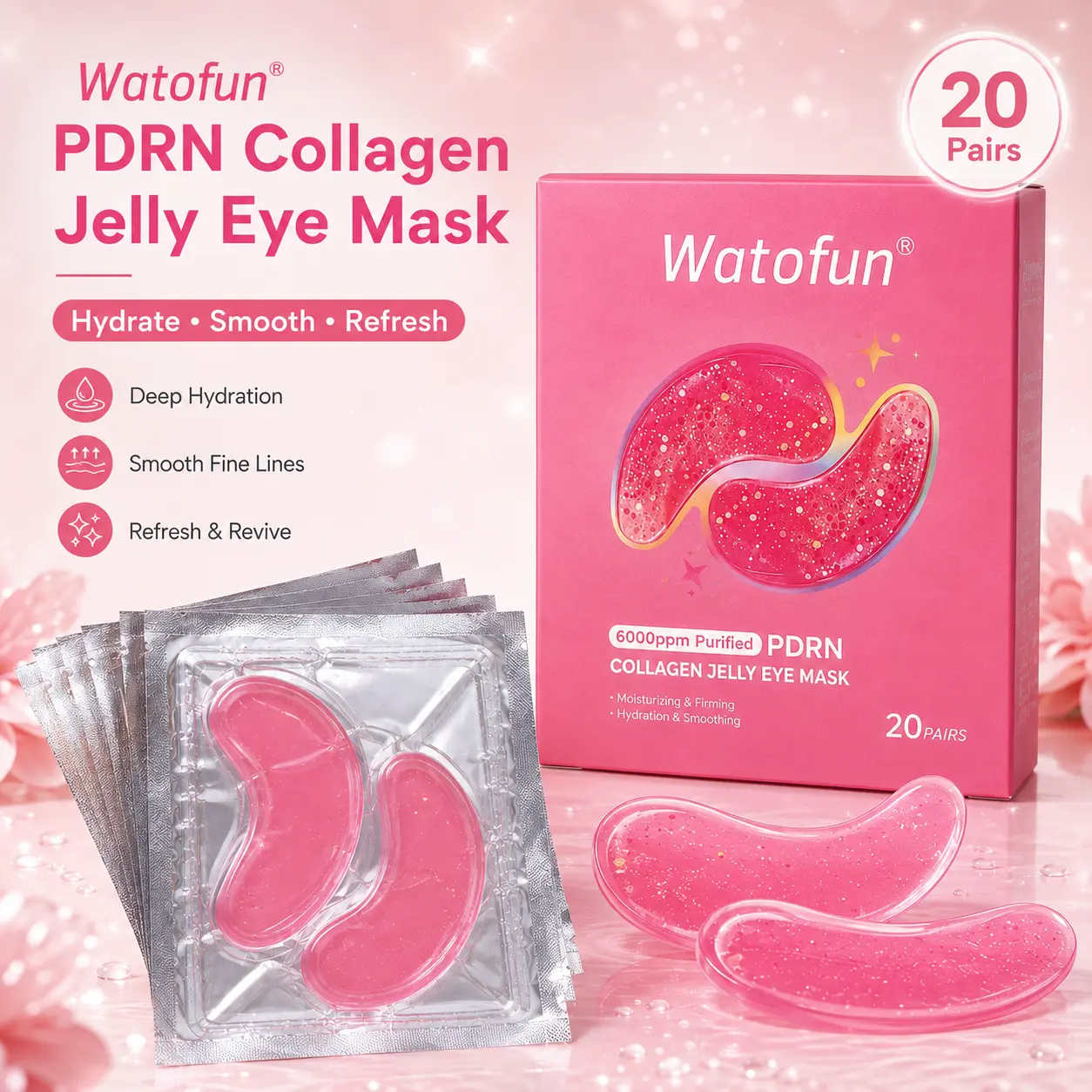 Watofun Pink PDRN Jelly Eye Masks, Collagen Hydrogel Under Eye Patches with NAD & Caffeine, Cooling Hydration for Tired, Puffy-Looking Eyes, 20 Pairs