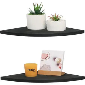 Corner Wall Shelves Set of 2, Rustic Wood Corner Floating Shelves with Cable Raceway, Wall Mount Storage Display for TV Accessories, Baby Monitor (Black, Fan-shaped-10 Inch)