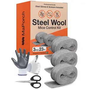 Steel Wool Mouse Hole Filler - 3 Pack, 3.2 in x 7.5 ft - Metal Mesh Gap Filler for Walls & Pipes - DIY Kit with Gloves & Scissors - Mouse Prevention Rat Wire Mesh