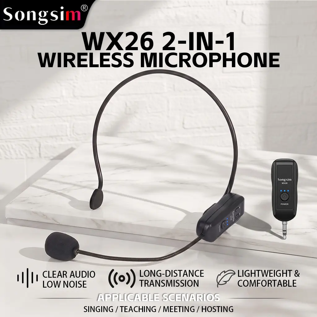 Songsim-WX26 wireless microphone system for 2 users/180 ft range/2.4G Dual Wireless Headphone Microphones/Suitable for karaoke speakers, amplifiers, microphone speakers, PA systems, yoga, teaching, and fitness