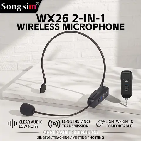 Songsim-WX26 2.4G Dual Wireless Audio Microphone System - 2-User, 180 ft Range, Plastic, 1-to-2 Wireless Headphone Mics for 2user singing, Karaoke Speakers, Amplifiers