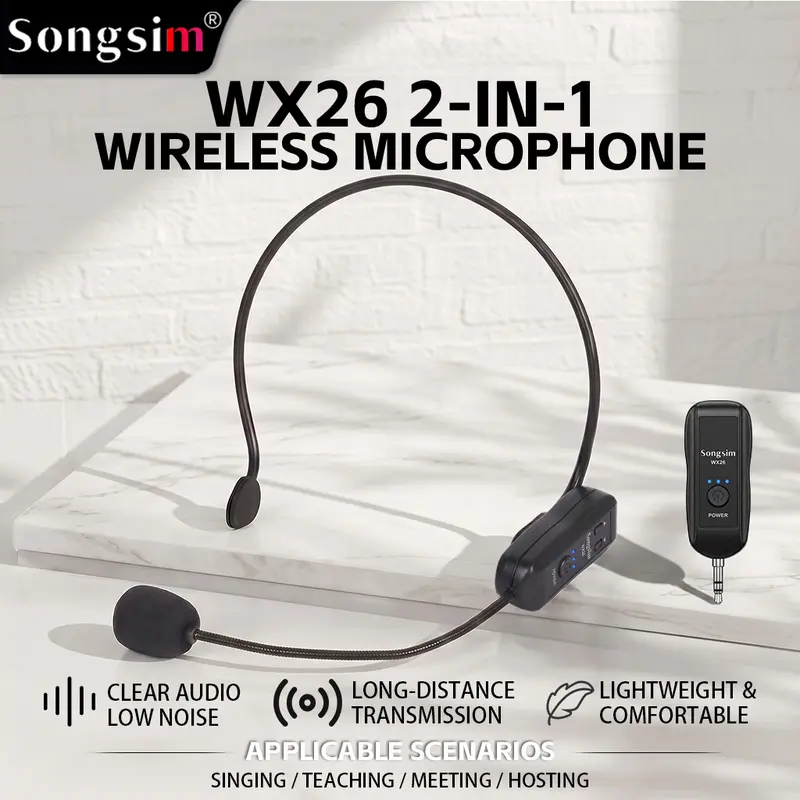 Songsim-WX26 2.4G Dual Wireless Audio Microphone System - 2-User, 180 ft Range, Plastic, 1-to-2 Wireless Headphone Mics for 2user singing, Karaoke Speakers, Amplifiers