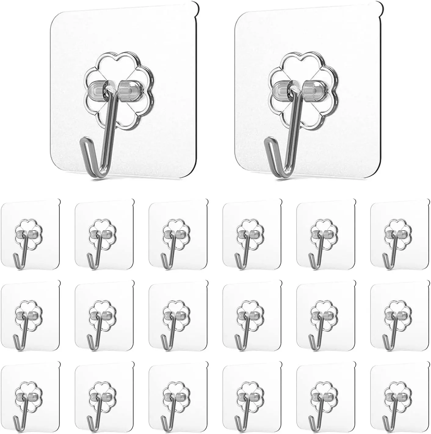 Adhesive Hooks for Hanging, Heavy Duty Wall Hooks 20 Pack, Removable Sticky Ceiling Hooks, Transparent Self Adhesive Shower Hooks, Water & Oil Proof Strong 22lb(Max) Door Coat Hooks
