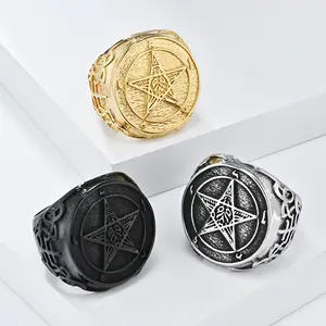 High-end Retro Fallen Angel Lucifer Stainless Steel Ring; Morning Star Pentagram Titanium Steel Thumb Ring