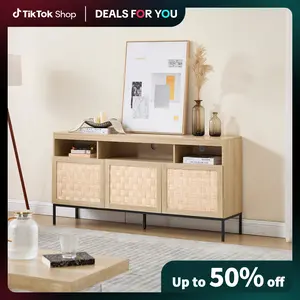 [Dealsforyoudays]EBELLO Boho TV Stand with Hand-Woven Doors, Large Entertainment Center Tall Media Console with Storage Cabinet and Open Shelves, Light Oak