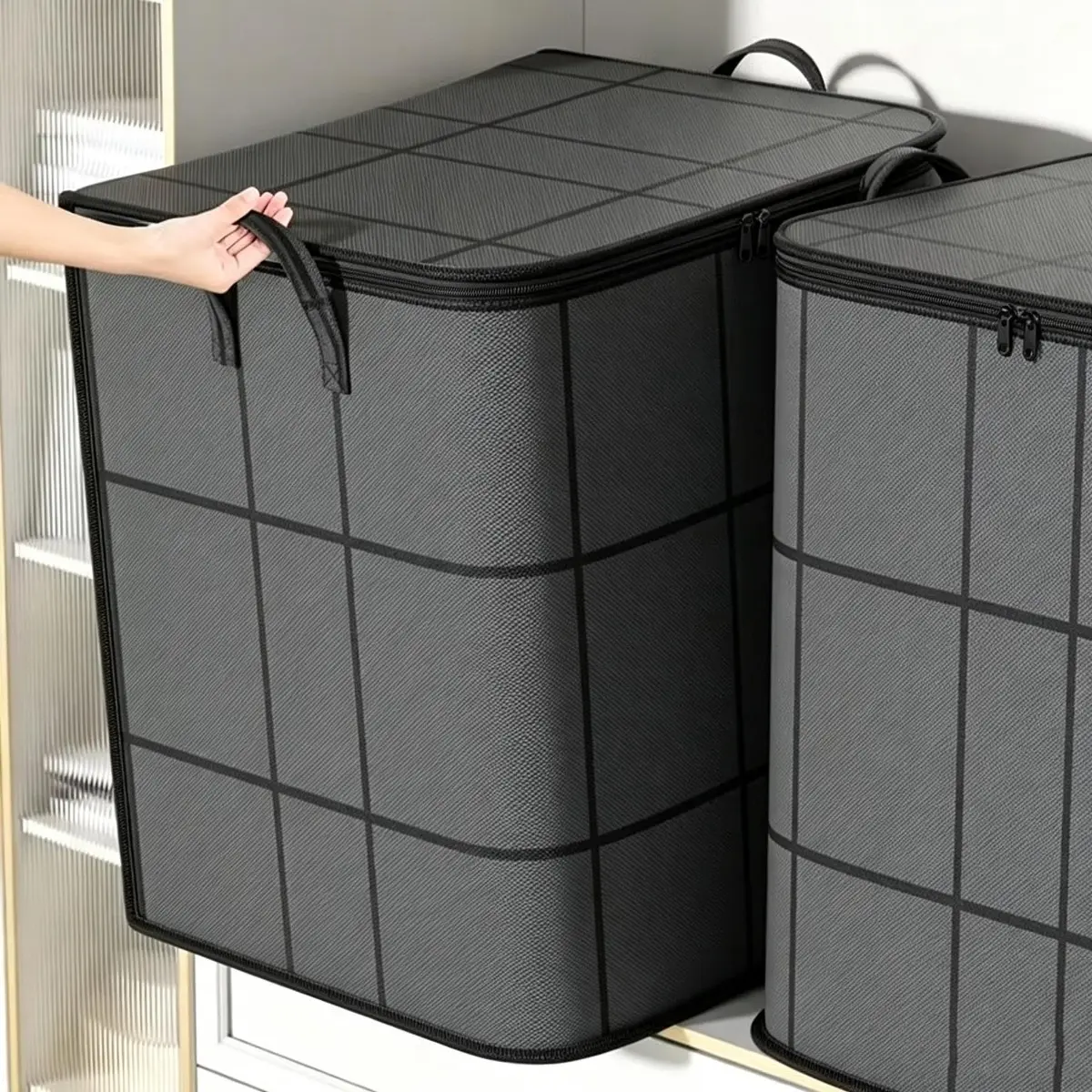 Large Capacity Foldable Storage Box Wardrobe Closet Organizer Bag Double Zipper Handle Gray Space Saving for Clothing Bedding Home Dorm