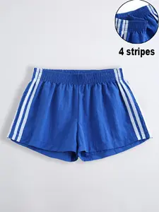 Summer Casual Fashion Side Stripe Shorts, Elastic Waist Loose-Fitting Plaid Short Pants for Women, Comfortable Summer Wear