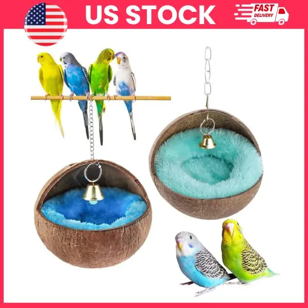 Natural Coconut Bird Nest House Set with Warm Pad Hanging Bird Hut for Parrot Parakeet Cockatiel Lovebird Finch Breeding and Resting, Coconut Shell Bird Nest Bed for Cage or Outdoor Use, Bird Nest House, Bird Cage Accessories, Bird Supplies