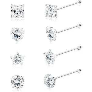 Fansilver 8 count 22G Nose Rings Studs Tiny 3mm Assorted Shapes CZ Inlaid Nose Body Piercing Jewelry
