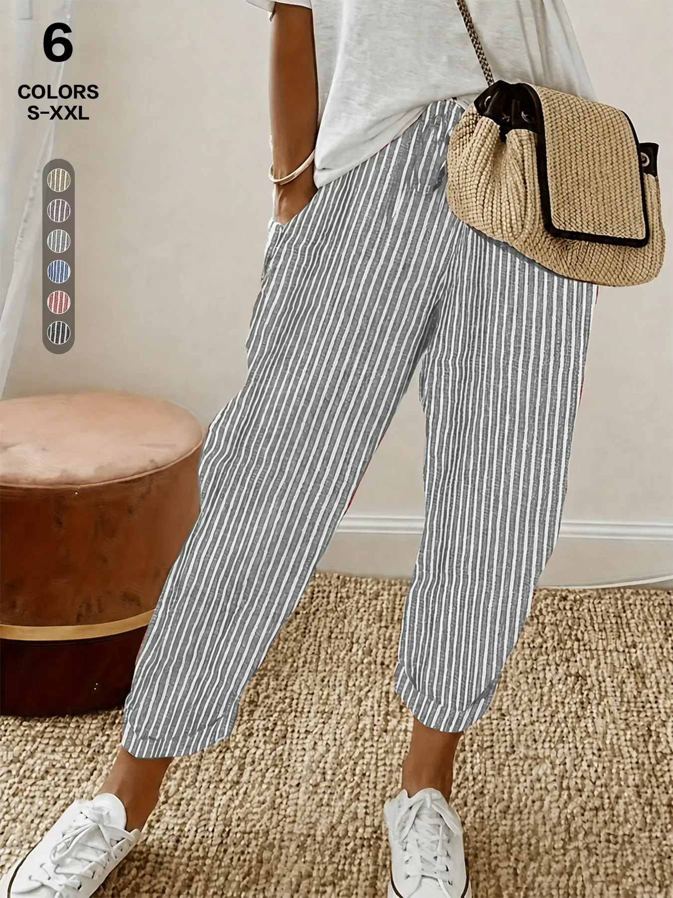Women's Striped Gingham Pants, Summer Loose Loungewear PJ Bottom, Casual Chic Wide Leg Beach Trouser, Plaid Pants with Pockets, All Seasons, Style