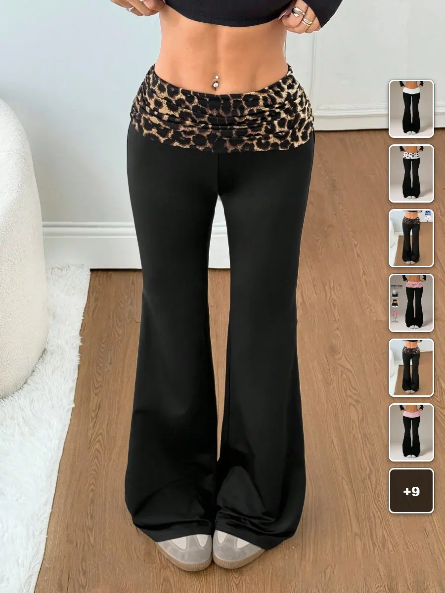 RUTMAN Flare Leggings Cheetah Print Ruched Waist Knitted Extra Long Night Out Back to School