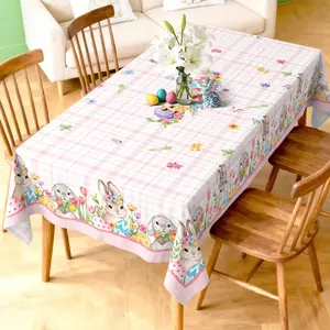 Easter Bunny Tablecloth Waterproof, Spring Egg Floral Table Cloth, Rectangle Stain Resistant, Washable Table Cover for Home Kitchen Dining Party