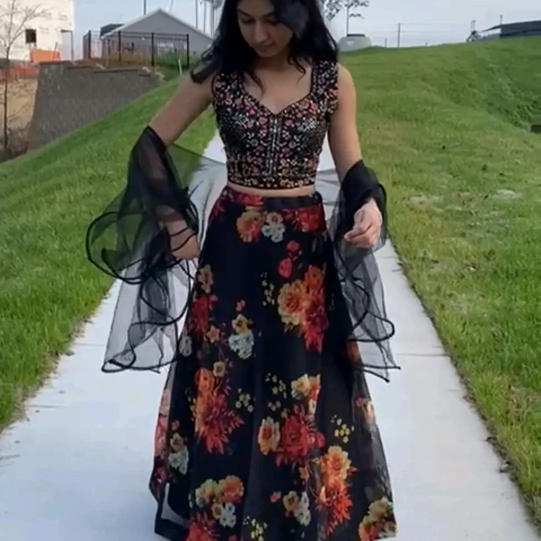Black floral lehenga Organza Embroidery Silk