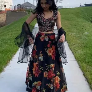 Black floral lehenga Organza Embroidery Silk