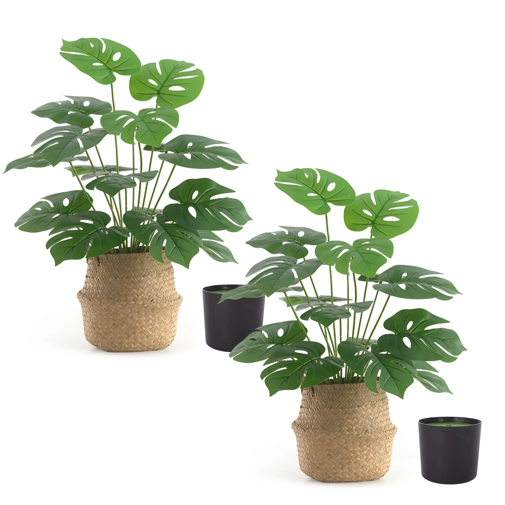 44 in Tall Artificial Monstera Plant Set - 2 Pack with Realistic Faux Leaves, Bendable Stems, Decorative Black Pots & Woven Baskets - Large Fake Leaf Trees for Modern Homes, Indoor Floor Decor