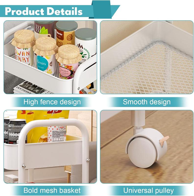 3-Tier Rolling Metal Utility Cart with 6 Hooks and Handle, Storage Cart on Wheels for Classroom, Office, Dorm, and Home – White/Pink