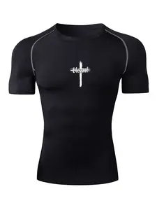 Men's Blessed Cross Print Short Sleeve Compression Shirt, Gym Workout Fitness Running T-Shirt Tees, Tight-Fitting Sporty Rash Guard Baselayers Undershirts, Summer Quick-Dry Breathable Round Neck Shirt