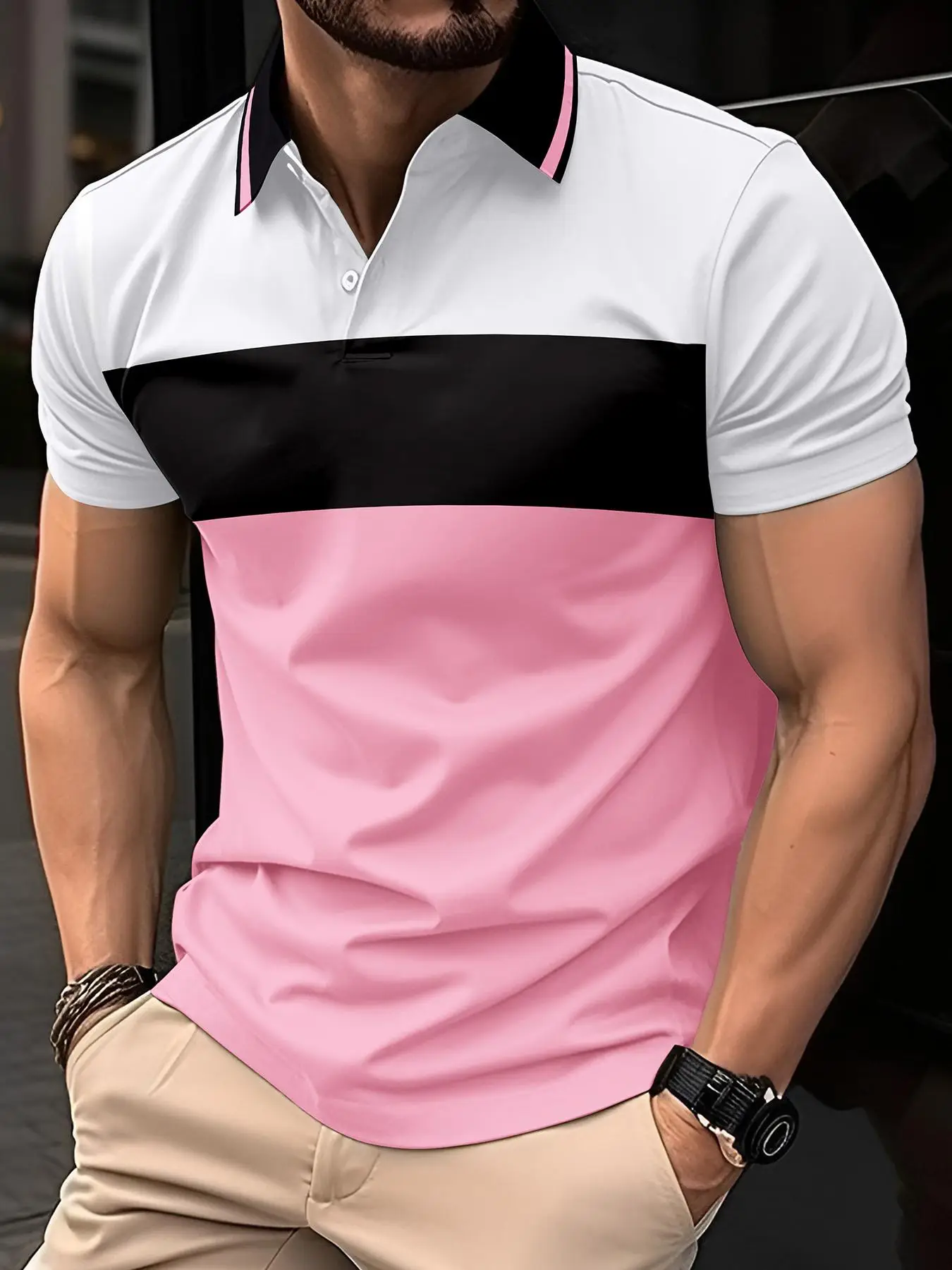 Men's Colorblock Patchwork Short Sleeve Polo Shirt, Regular Fit Casual Button Front Collared Top for Spring & Fall, Fashion Men's Clothes for Daily We