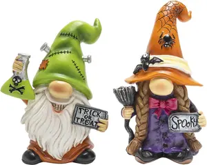 2 Pieces/Set Halloween Gnomes Decorations Figurines Indoor Tiered Tray Table Top Centerpiece Mantle Office Desk Shelf Resin Witch Elf Decor Small Statues Home Ornaments Gift