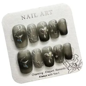 M14 Grey medium short Personalized Love detachable hand press on nails