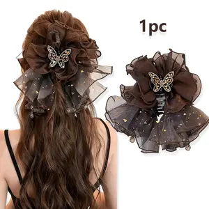 New Rhinestone Mesh Acrylic Hair Clip, Vintage Elegant Sparkling Butterfly Net Hair Claw, Large Size Suitable for Daily and Holiday Parties