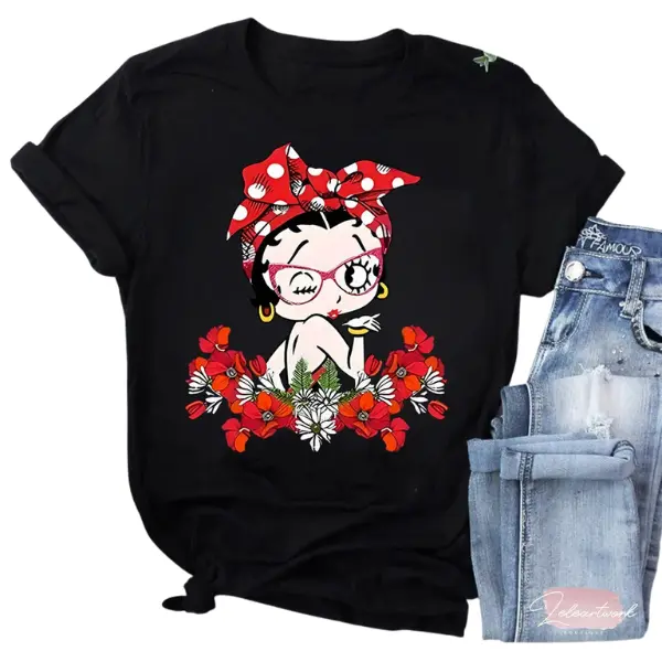 Bettyy Boopp Flower T-Shirt, Retro 90s Style Cute, Vintage Graphic Tee, Casual Crewneck, Trendy Fun Gift For Her, Womenswear Top