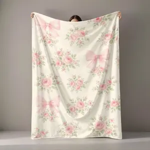 Bow-patterned ultra-soft flannel blanket, digitally printed, comfortable polyester blanket for all seasons, an excellent gift for friends, family, weddings, and birthdays celebration