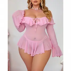 Plus Size Women's Pink Off-Shoulder Lounge Dress Set Soft Mesh Ruffle Comfortable Loose Fit Polyestert and Style