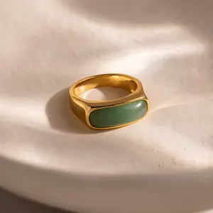 Jade Signet Ring by Caitlyn Minimalist - 18K Gold Plated Gemstone Ring - Chunky Green Statement Ring - Boho Jewelry - Birthday Gift for Her