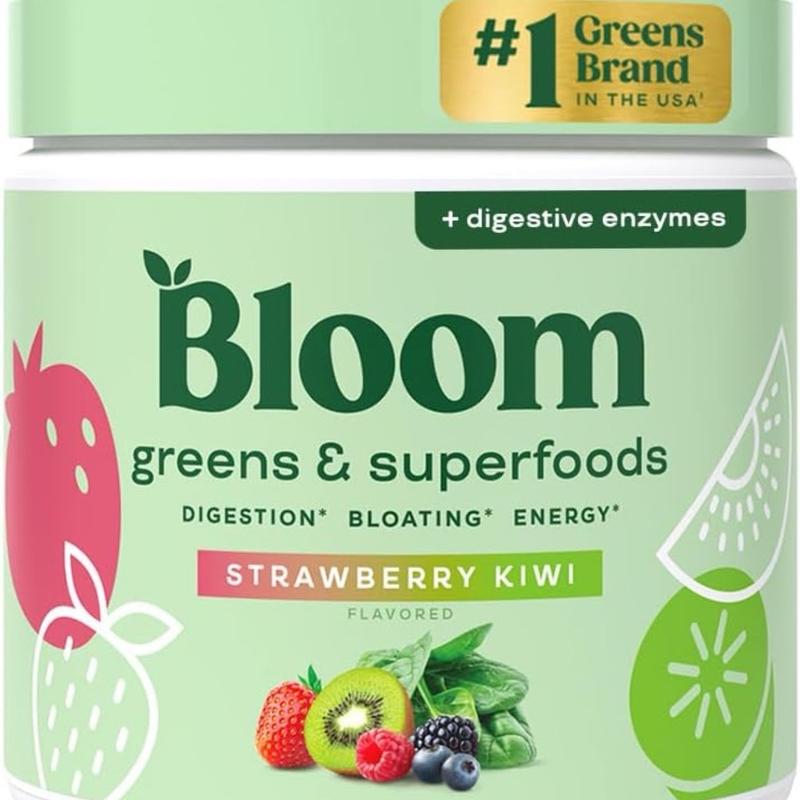 Bloom Nutrition Greens and Superfoods Powder for Digestive Health, Greens Powder, Digestive Enzymes, Probiotics, Spirulina, Chlorella for Bloating & Gut Support, Green Juice, 30 SVG, Strawberry Kiwi