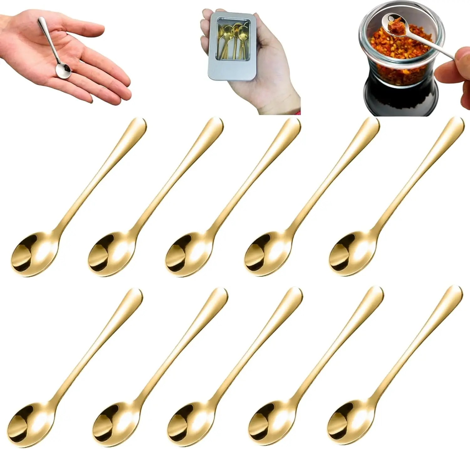 10 Pcs Gold Mini Spoons for Spices, Small Size 2.8" Salt Spoons with Tin Box,304 Stainless Steel Tiny Spoon, Little Spoon for Salt, Sugar, Coffee, Powder, Dessert, Caviar(Gold)