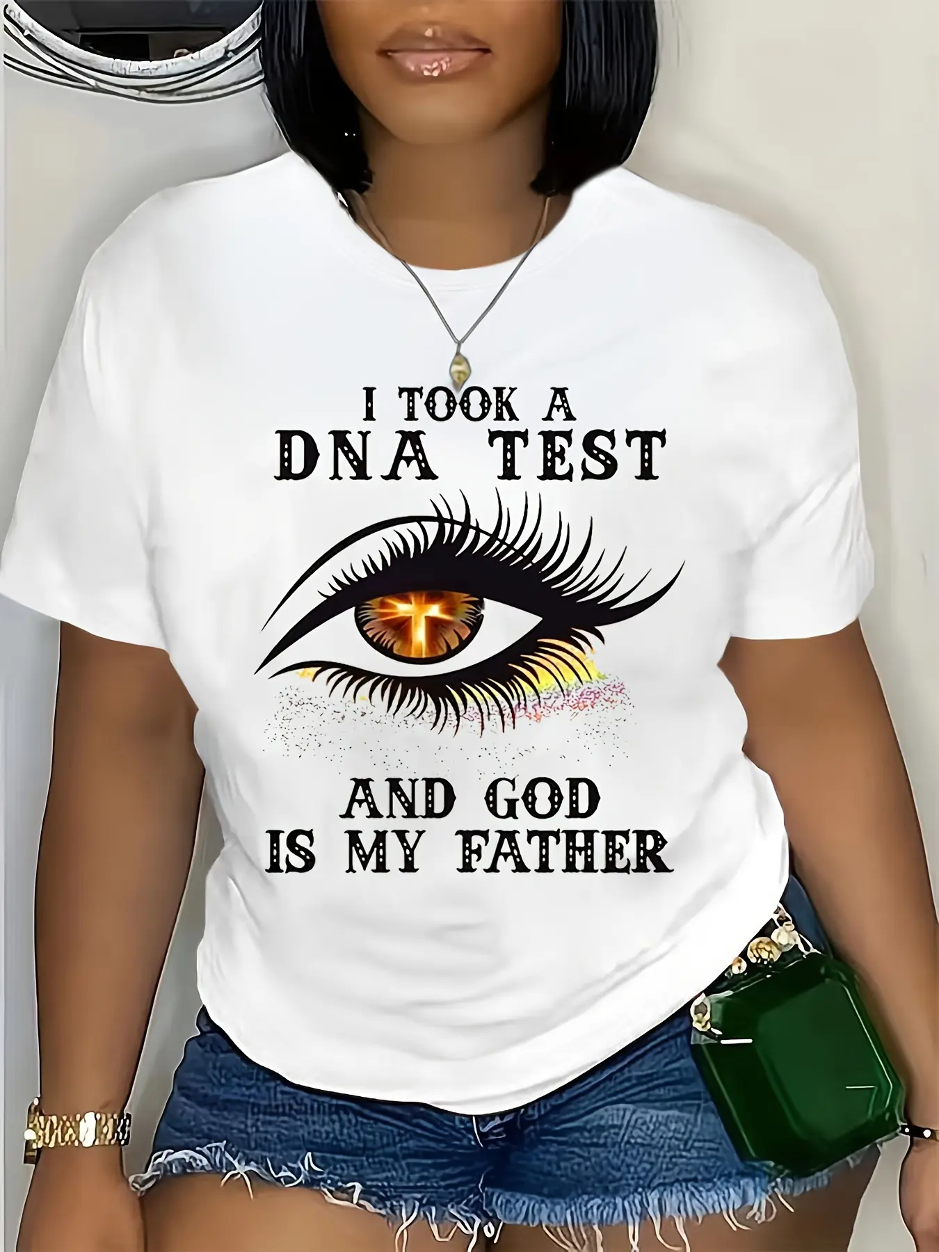 Women'S Funny "DNA Test & God is My Father" Graphic T-Shirt - Casual Crew Neck Short Sleeve Top with Eye Design, Relaxed Fit Breathable Summer Tee, Machine Washable Humorous Statement Shirt for Casual Attire & Family Events