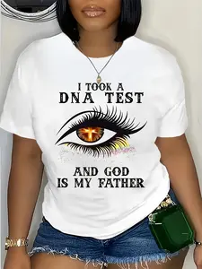 Women'S Funny "DNA Test & God is My Father" Graphic T-Shirt - Casual Crew Neck Short Sleeve Top with Eye Design, Relaxed Fit Breathable Summer Tee, Machine Washable Humorous Statement Shirt for Casual Attire & Family Events