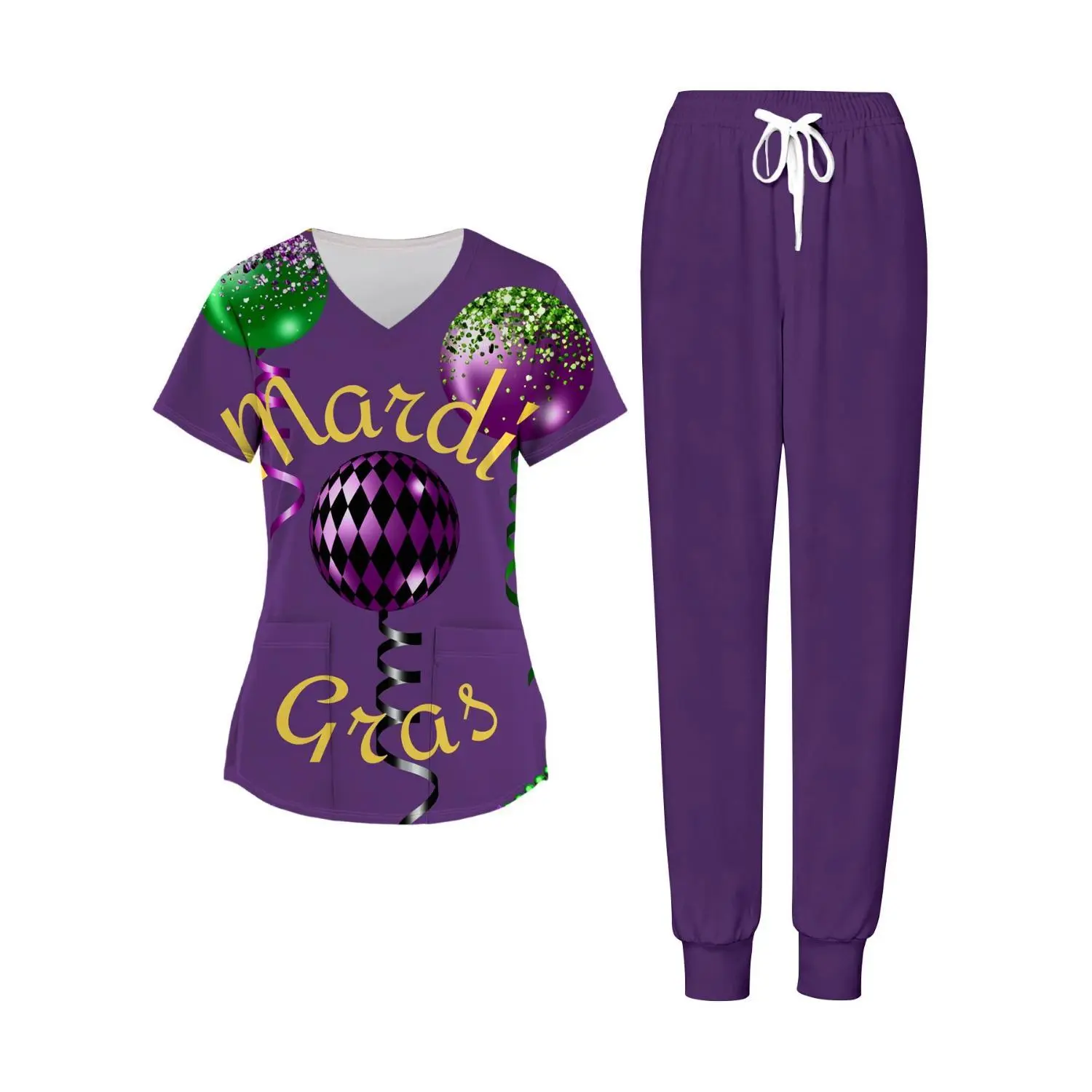 Plus Size Women's Purple Mardi Gras Print V-Neck Scrubs Set - Two Piece Top and Pants