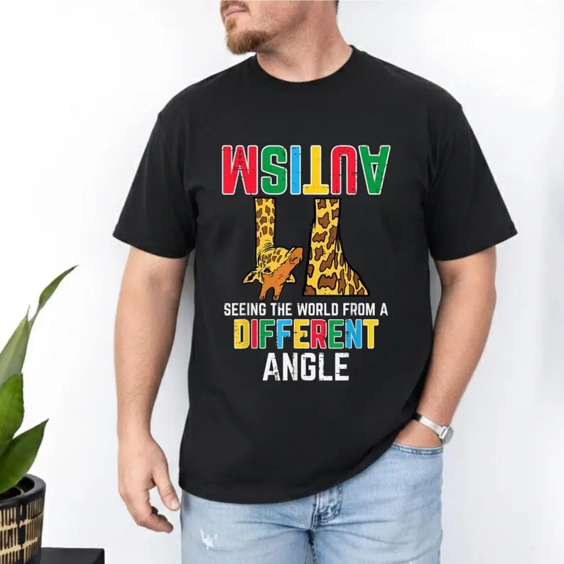 Kids' Soft Short-Sleeve Round-Neck Autism Awareness T-Shirt - Giraffe "Seeing the World from a Different Angle" Design, Support & Acceptance Top, Apparel Gift, Shortsleeve