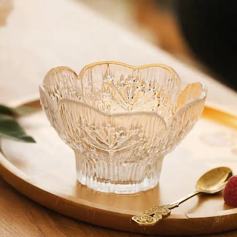 Floral Glass Dessert Bowl, Clear Ramen Bowl with Flower Shape Edge, Cute Fruit Salad Bowl for Home, Kitchen, Party